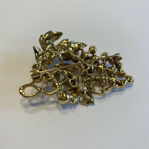 Vintage inspired brooch charming rose gold tone blue leaf & rhinestones clusters - Picture 3 of 5